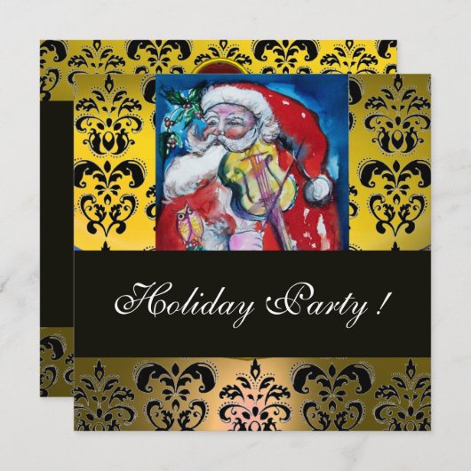 SANTA & VIOLIN YELLOW BLACK DAMASK MONOGRAM Ruby Kaart (Voorkant / Achterkant)