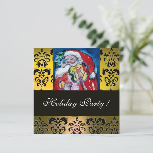 SANTA & VIOLIN YELLOW BLACK DAMASK MONOGRAM Ruby Kaart (Staand voorkant)