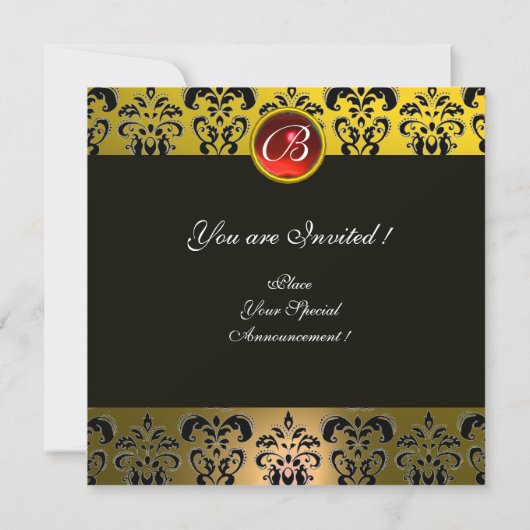 SANTA & VIOLIN YELLOW BLACK DAMASK MONOGRAM Ruby Kaart (Achterkant)