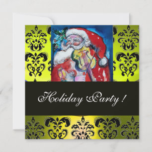 SANTA & VIOLIN YELLOW BLACK DAMASK MONOGRAM Ruby Kaart