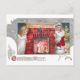 Santa, Vrouw & Open haard Vintage Kerstmis Feestdagenkaart
