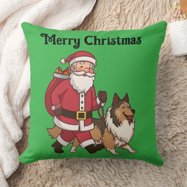 Santa walking a Collie Christmas Throw Pillow Kussen (Deken)