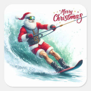 Santa Waterskiën op een zonnige kerstochtend Vierkante Sticker