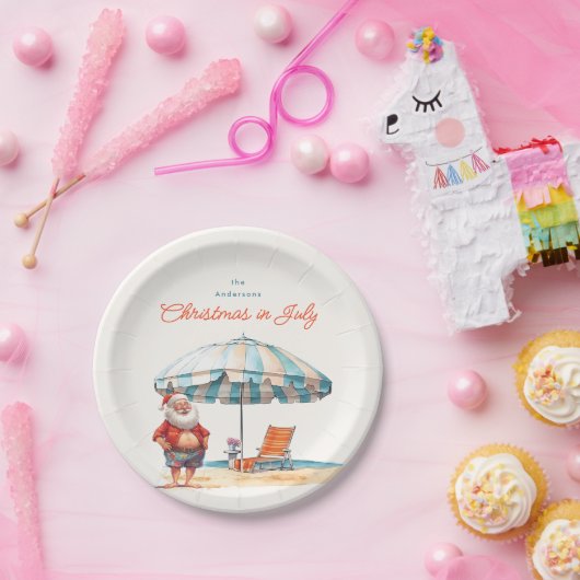 Santa Waterverf Kerstmis in juli Zomerfeest Papieren Bordje (Feest)