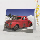 Santa Waving Driving Old 1941 Rusty Hotrod Coupe Kaart (Gele Bloem)