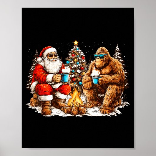 Santa With Bigfoot Christmas Campfire Funny Sasqua Poster (Voorkant)