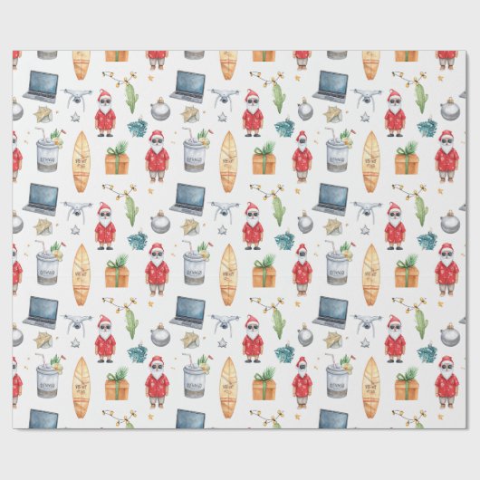 Santa with computer and Surfboard on Christmas  Cadeaupapier (Vlak)