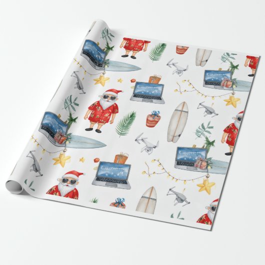 Santa with computer and Surfboard on Christmas  Cadeaupapier (Uitgerold)