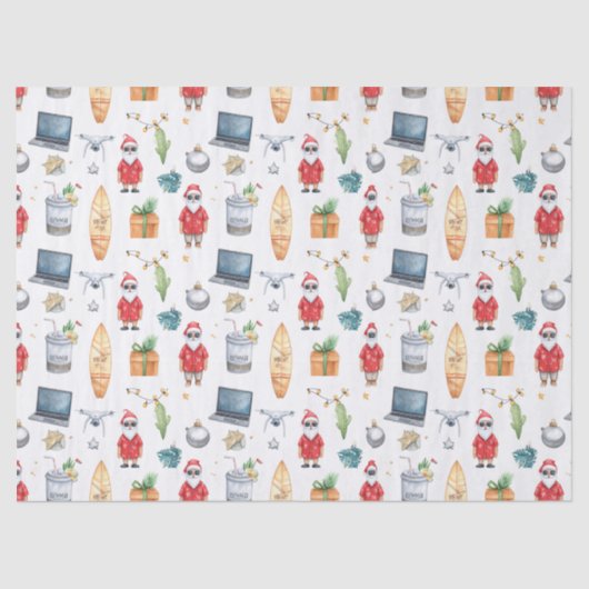 Santa with computer and Surfboard on Christmas Tissuepapier (Voorkant)