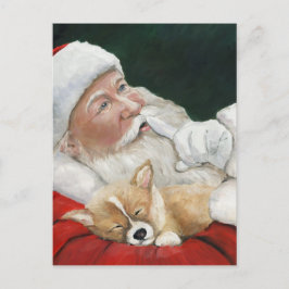 Santa with Corgi Dog Art Christmas Postcard Feestdagenkaart