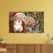 Santa with Holly, Village Scene Canvas Afdruk (Insitu (Woonkamer))