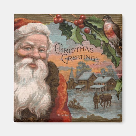 Santa with Holly, Village Scene Magneet (Voorkant)