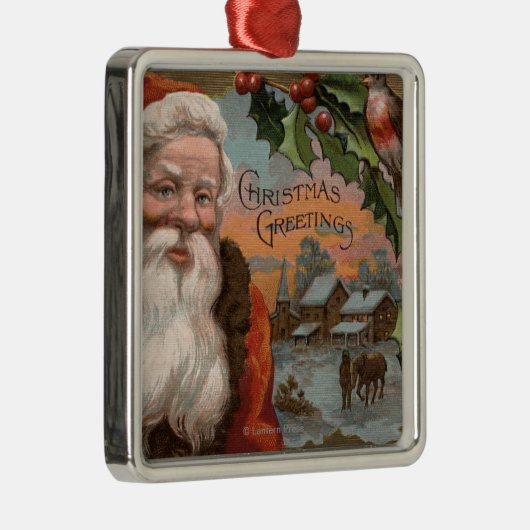 Santa with Holly, Village Scene Metalen Ornament (Rechts)