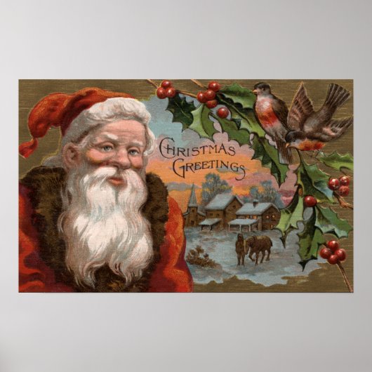 Santa with Holly, Village Scene Poster (Voorkant)