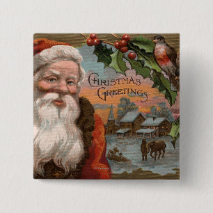 Santa with Holly, Village Scene Vierkante Button 5,1 Cm