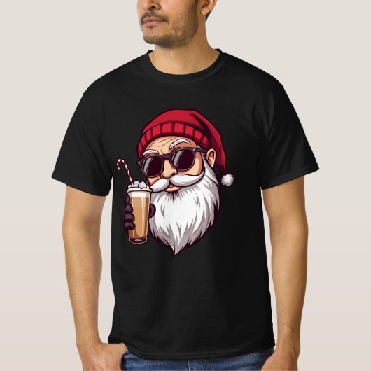 Santa with Iced Coffee – Modern Cool Christmas San T-shirt (Voorkant)