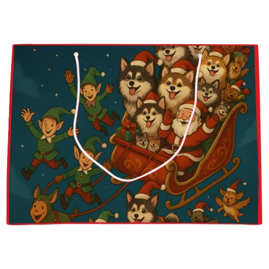 Santa with joyous pups and elves! groot cadeauzakje (Voorkant)