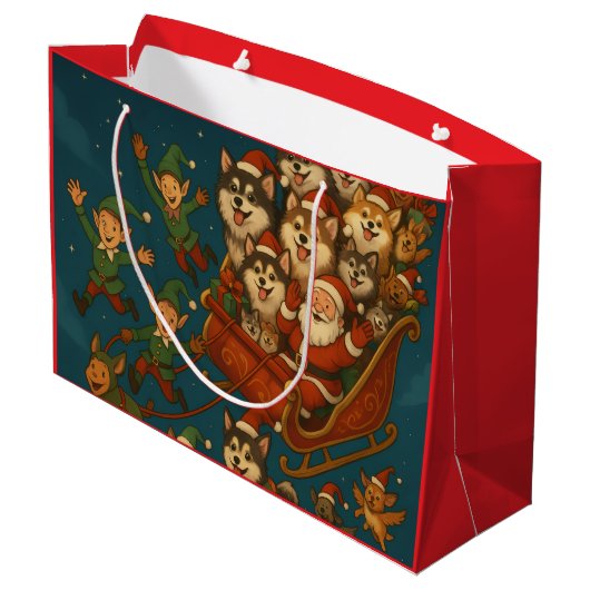 Santa with joyous pups and elves! groot cadeauzakje (Achterkant Gekanteld)