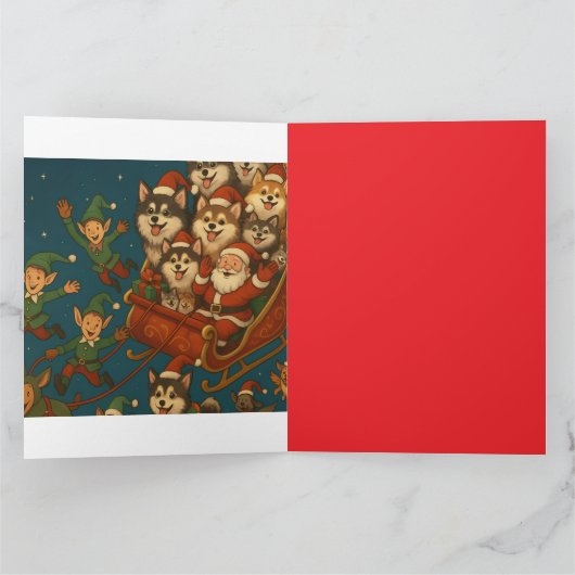 Santa with joyous pups and elves! kaart (Binnen)