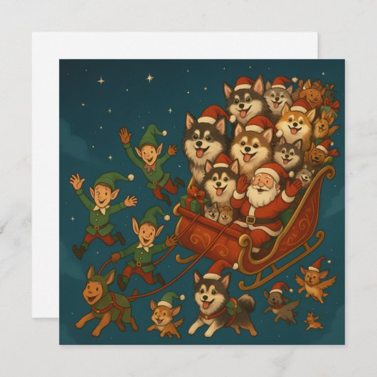 Santa with joyous pups and elves! kaart (Voorkant / Achterkant)