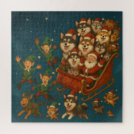 Santa with joyous pups and elves! legpuzzel
