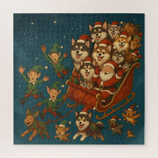 Santa with joyous pups and elves! legpuzzel (Verticaal)