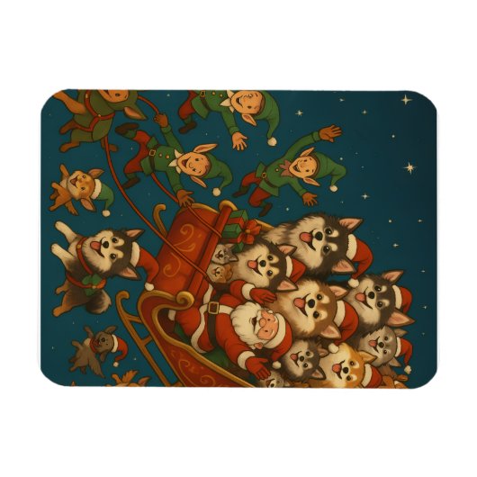 Santa with joyous pups and elves! magneet (Horizontaal)