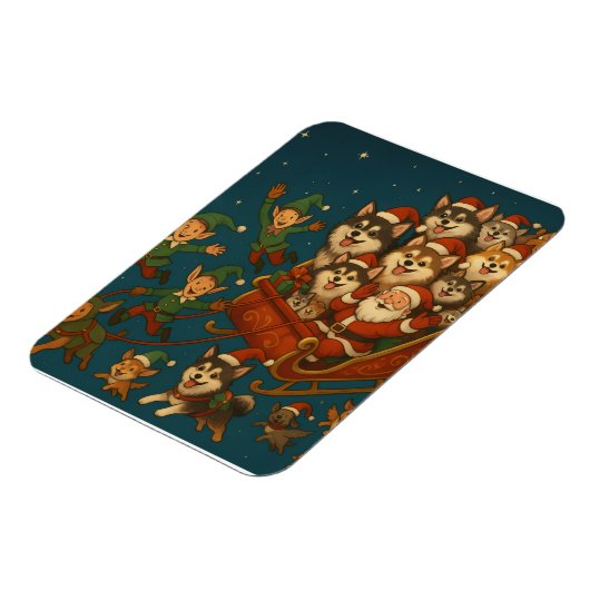 Santa with joyous pups and elves! magneet (Linkerzijde)