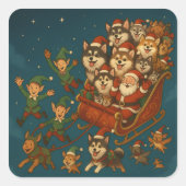 Santa with joyous pups and elves! vierkante sticker (Voorkant)