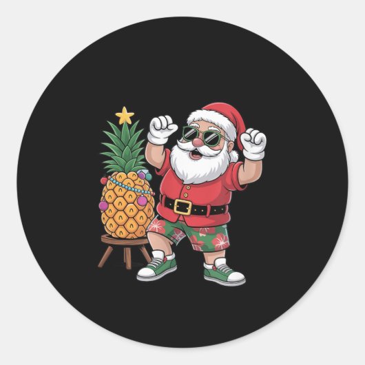 Santa With Pineapple Christmas Tree In Summer Time Ronde Sticker (Voorkant)