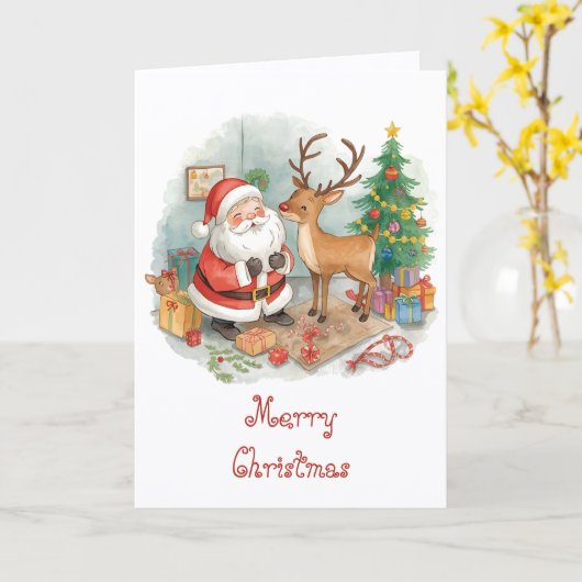 Santa with toys and reindeer & whimsical Christmas Kaart (Gele Bloem)
