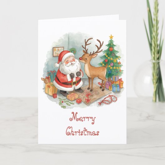 Santa with toys and reindeer & whimsical Christmas Kaart (Voorkant)