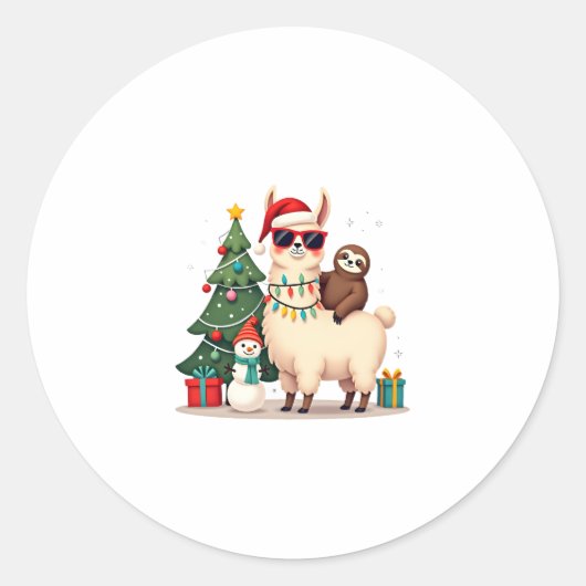 Santa Xmas Funny Llama Sloth Christmas (2) Ronde Sticker (Voorkant)
