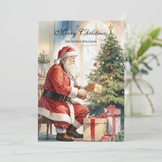  Santa & Xmas Tree gepersonaliseerd Feestdagenkaart (Staand voorkant)