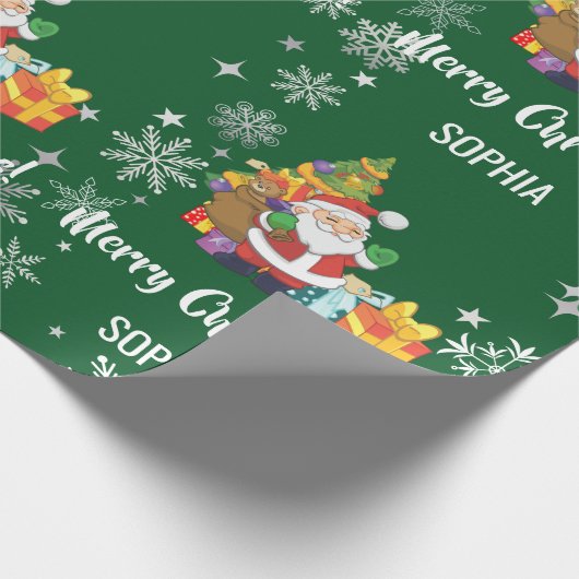 Santa Xmas Tree Gifts Snowflakes Personalize Name Cadeaupapier (Hoek)