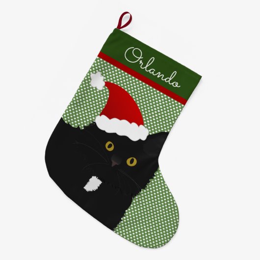 Santa Yellow Eyes Long Hair Black Cat Grote Kerstsok (Voorkant (Hangend))
