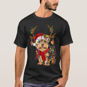 Santa yorkie doodsbange hond schitterende rendierl t-shirt
