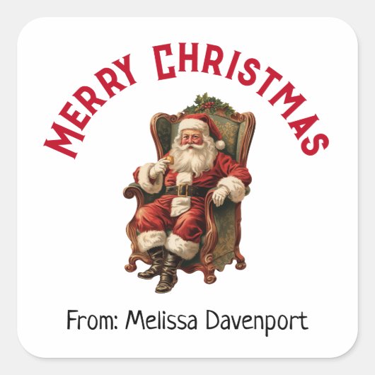  Santa Zittend in een Comfortabele Stoel Kerstmis Vierkante Sticker (Voorkant)