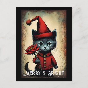 Santa Zwart Schattige Kat Flower Christmas Briefkaart