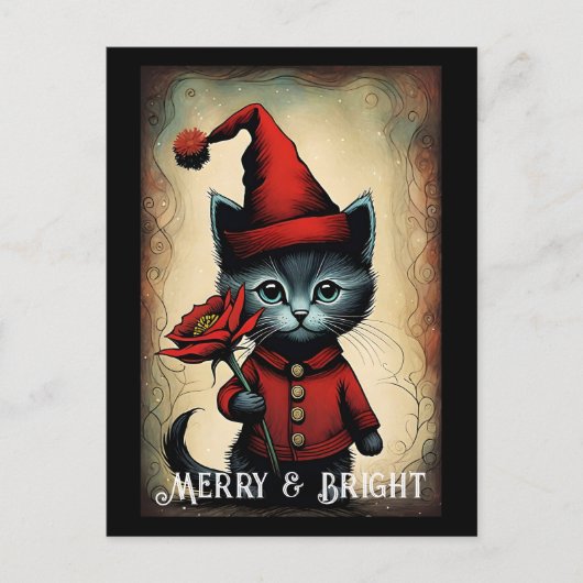 Santa Zwart Schattige Kat Flower Christmas Briefkaart (Voorkant)