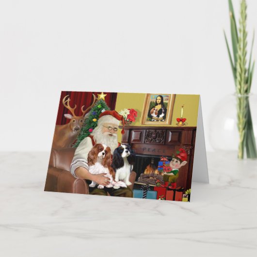 Santa's 2 Cavalier Kings Charles Feestdagen Kaart (Voorkant)