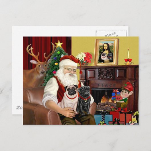 Santa's 2 Pugs (fawn + zwart) Feestdagenkaart (Voorkant / Achterkant)