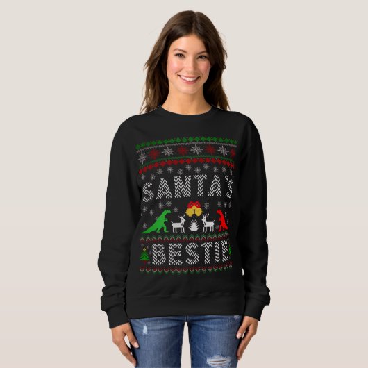 Santa's Bestie Dino Winter Kerstmis Ugly Sweater (Voorkant volledig)
