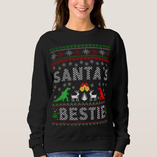 Santa's Bestie Dino Winter Kerstmis Ugly Sweater (Voorkant)