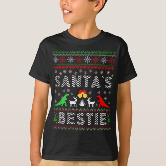 Santa's Bestie Dino Winter Kerstmis Ugly Sweater T-shirt (Voorkant)