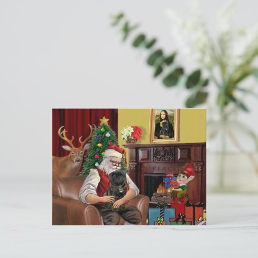 Santa's Black Pug Feestdagenkaart (Staand voorkant)