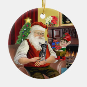 Santa's Blue en tan Chihuahua (T) Keramisch Ornament