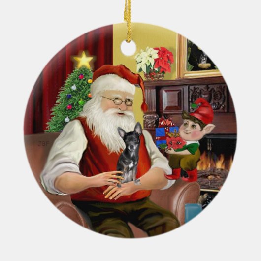 Santa's Blue en tan Chihuahua (T) Keramisch Ornament (Achterkant)