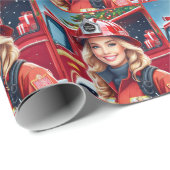 Santa's Brigade Vrouw Brandweerman Kerst Cadeaupapier (Rol Hoek)