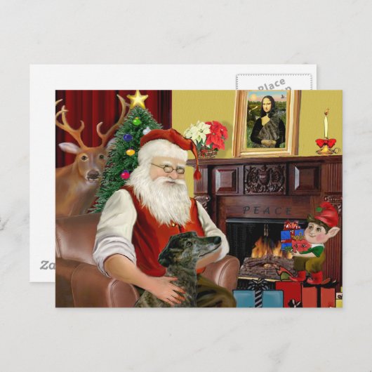 Santa's Brindle Greyhound Feestdagenkaart (Voorkant / Achterkant)